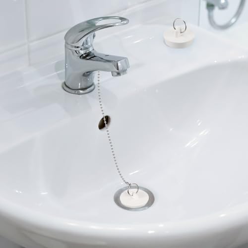 Uxcell 4 Pcs Tub Stoppers with Pull Ring and Beaded Chain White