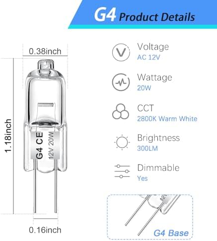 20W G4 Halogen Light Bulb 12V 2 Pin 10 Pack