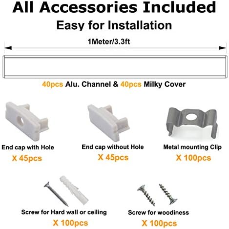 40-Pack U Shape LED Aluminum Channel with Milky Cover and Mounting Clips
