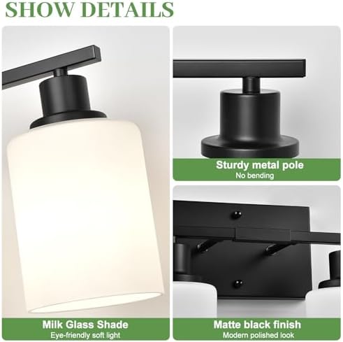 4-Light Bathroom Vanity Light with Matte Black Frame and Milky White Shades