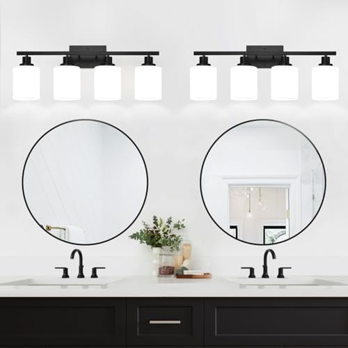 4-Light Bathroom Vanity Light with Matte Black Frame and Milky White Shades