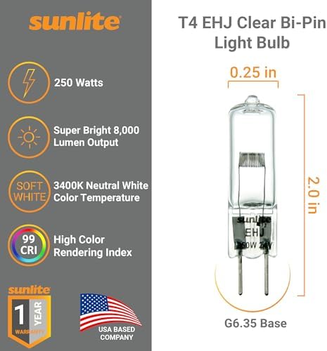 Sunlite T4 EHJ Clear Bi-Pin Light Bulb 250W 24V 8000 Lumens