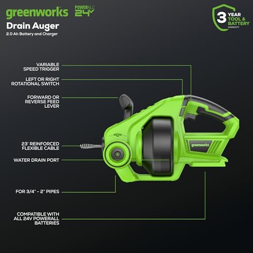 Greenworks 24V Cordless Drain Auger with 20Ah Battery
