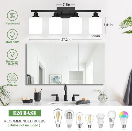 4-Light Bathroom Vanity Light with Matte Black Frame and Milky White Shades