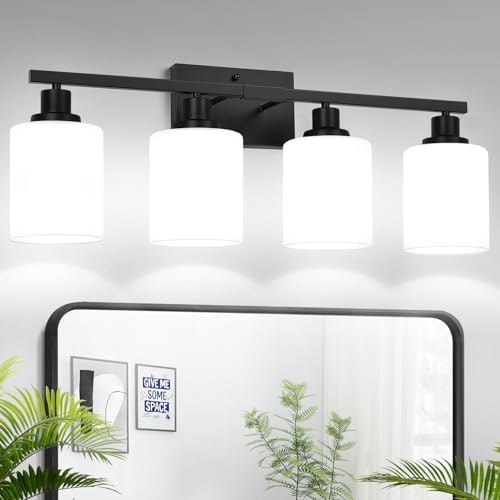 4-Light Bathroom Vanity Light with Matte Black Frame and Milky White Shades