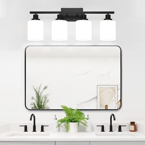 4-Light Bathroom Vanity Light with Matte Black Frame and Milky White Shades