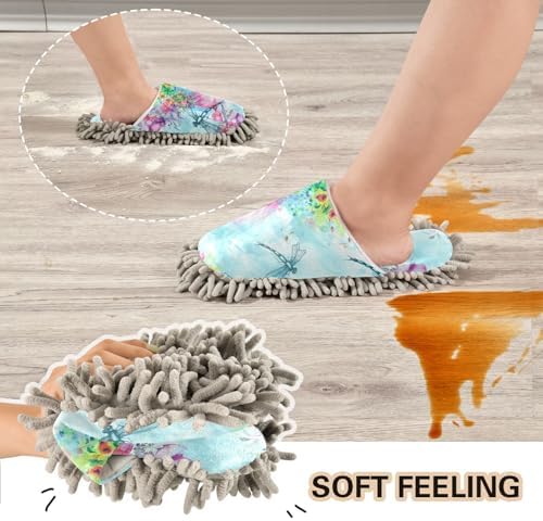 Sinestour Dragonfly Flowers Mop Slippers for Floor Cleaning