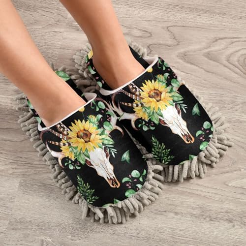 Sinestour Sunflowers Skull Mop Slippers for Floor Cleaning 1