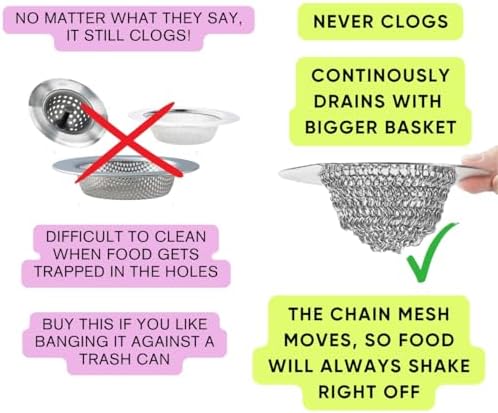 Sir Drainalot Kitchen Sink Drain Strainer - Reversible Chain Non-Clogging Stainless Steel