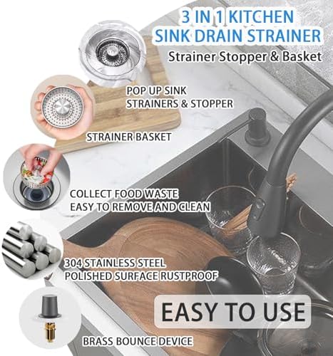 Boncana 3 in 1 Stainless Steel Sink Stopper with Chrome Pop Up Strainer
