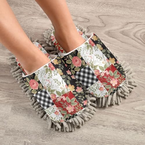 Sinestour Patchwork Roses Mop Slippers for Floor Cleaning