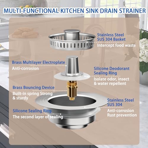 Boncana 3 in 1 Stainless Steel Sink Stopper with Chrome Pop Up Strainer