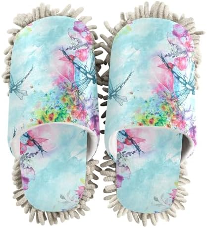 Sinestour Dragonfly Flowers Mop Slippers for Floor Cleaning