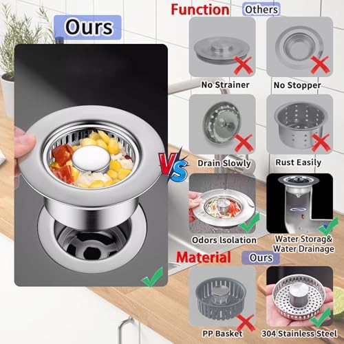 Boncana 3 in 1 Stainless Steel Sink Stopper with Chrome Pop Up Strainer
