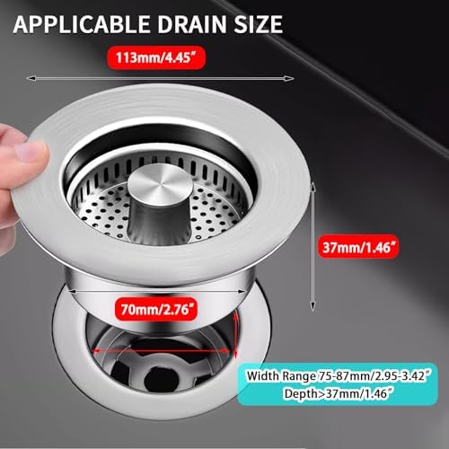 Boncana 3 in 1 Stainless Steel Sink Stopper with Chrome Pop Up Strainer