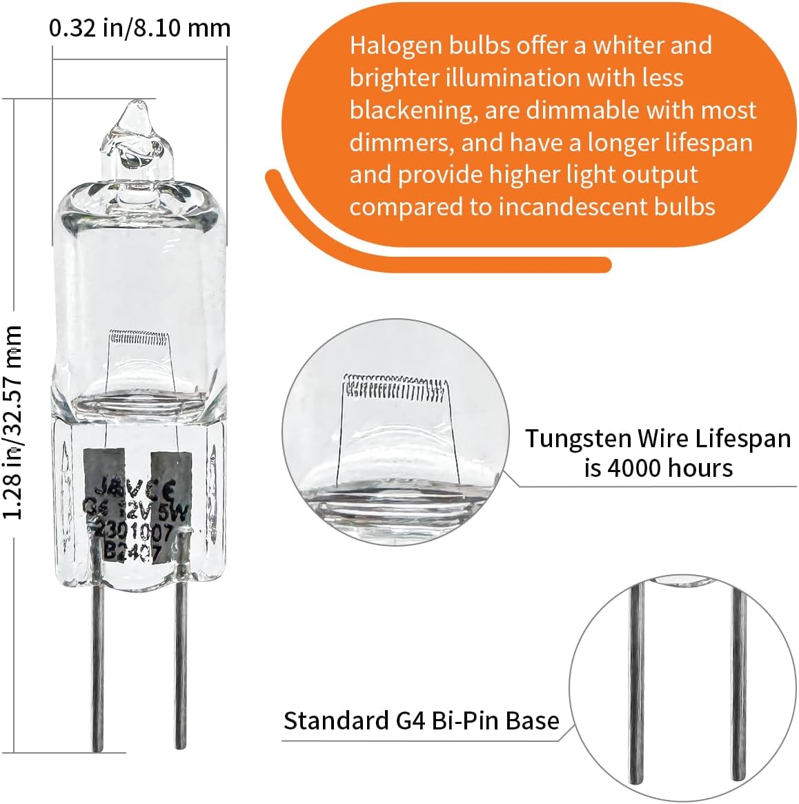 MOTOQUEEN 2 Pcs T4 Halogen Light Bulbs 5W 12V G4 Bi-Pin Base