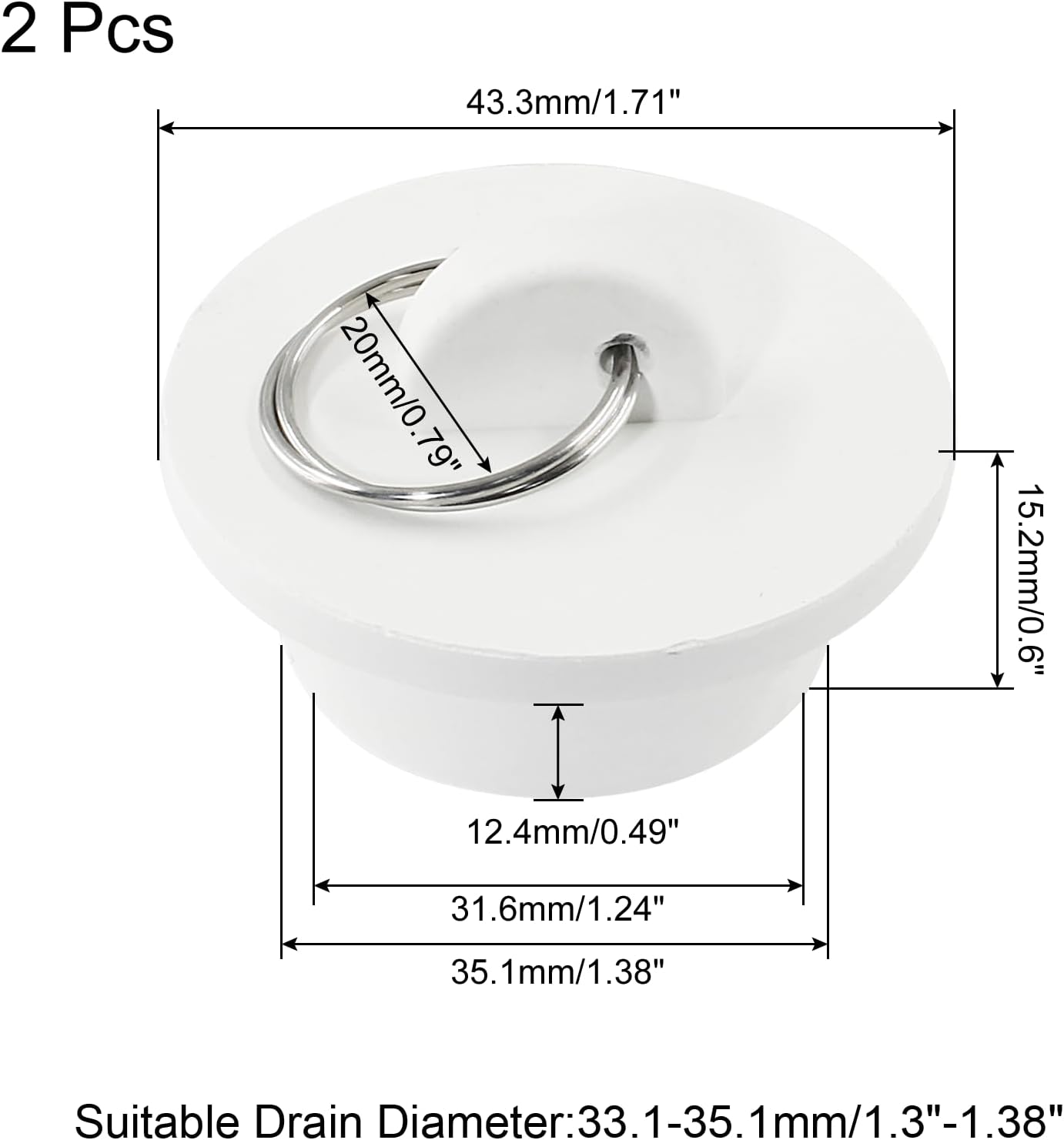 2Pcs White Rubber Drain Stoppers with Hanging Ring