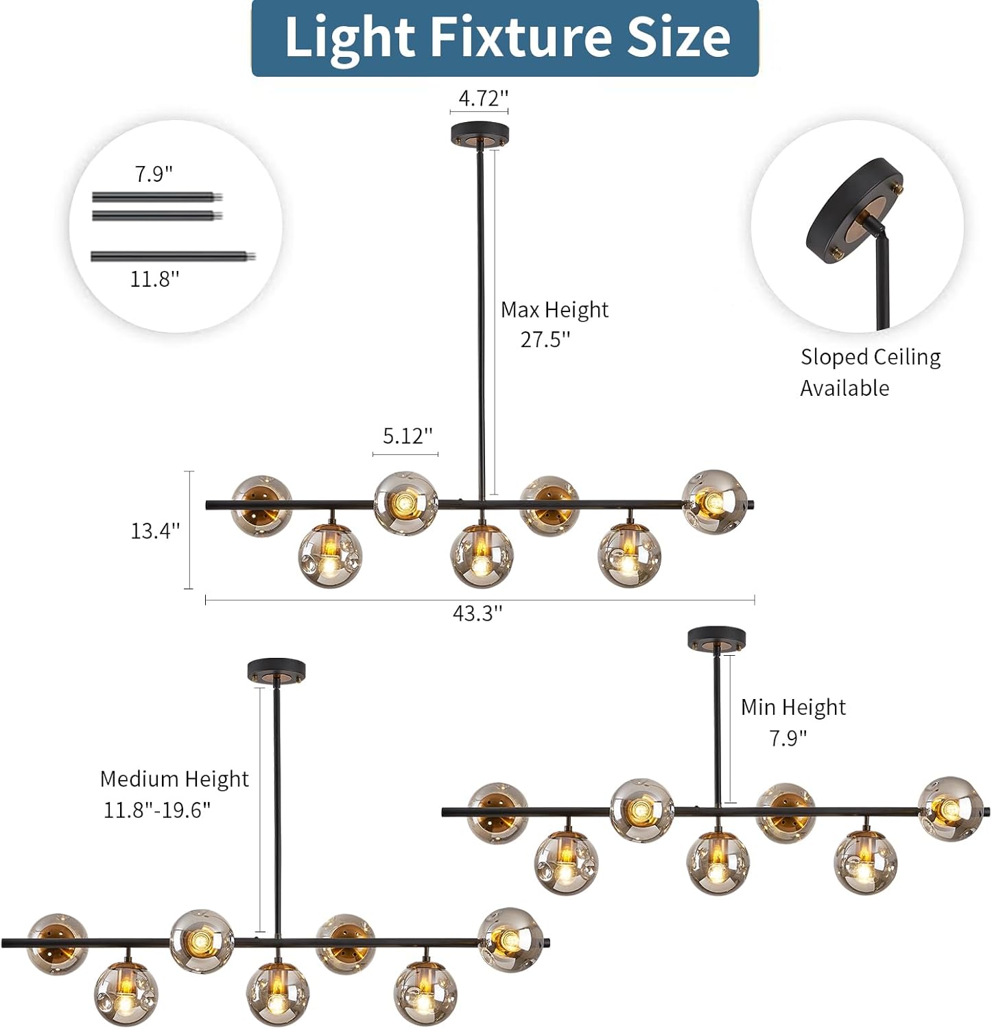 Modern Linear Chandeliers with Sloped Ceiling Adapter