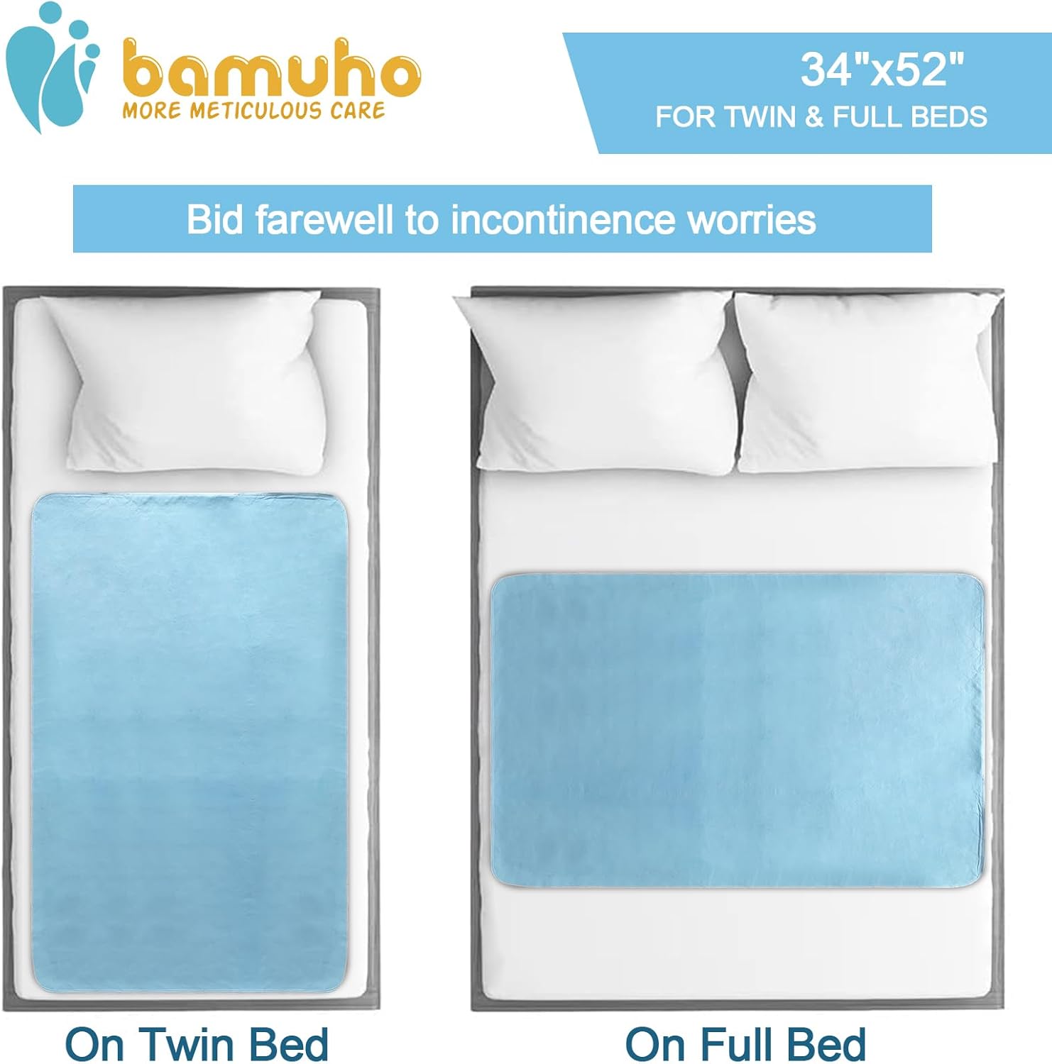 Bamuho 4-Layer Waterproof Bed Pad - Cyan 34x52