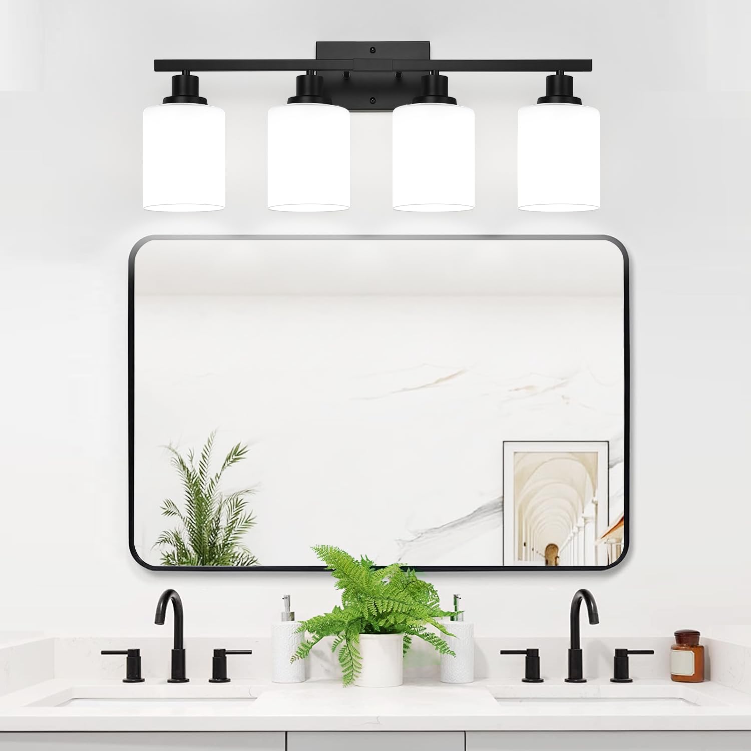 4-Light Bathroom Vanity Light with Matte Black Frame and Milky White Shades