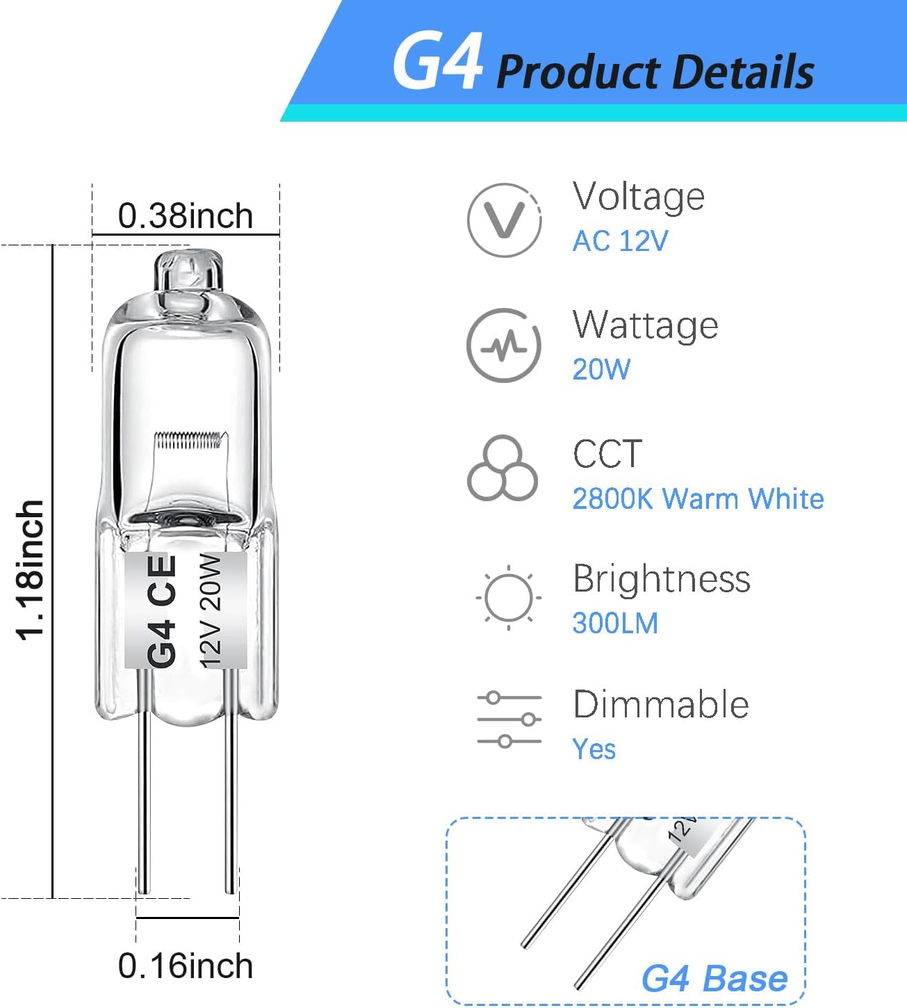 20W G4 Halogen Light Bulb 12V 2 Pin 10 Pack