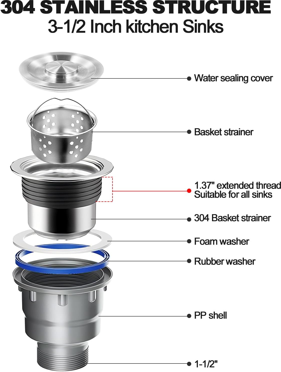 QruiLanTu Single Sink Drain Kit Flexible P-Trap 3-12 Inch