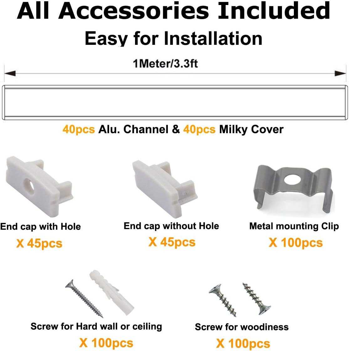 40-Pack U Shape LED Aluminum Channel with Milky Cover and Mounting Clips