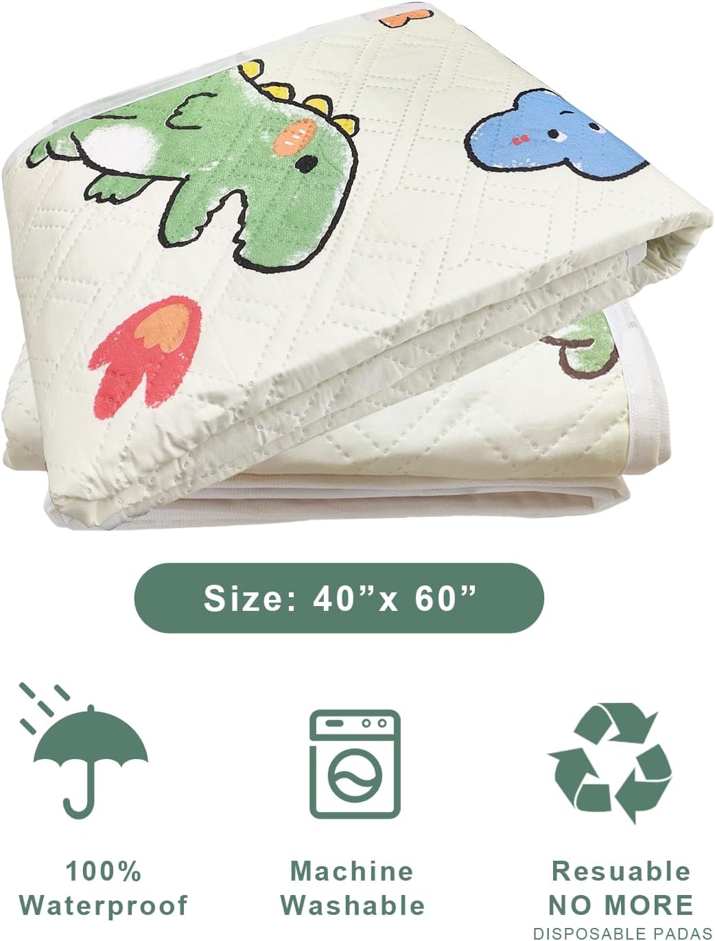 Non-Slip Reusable Bed Protector Pads with Dinosaur Print 40x60