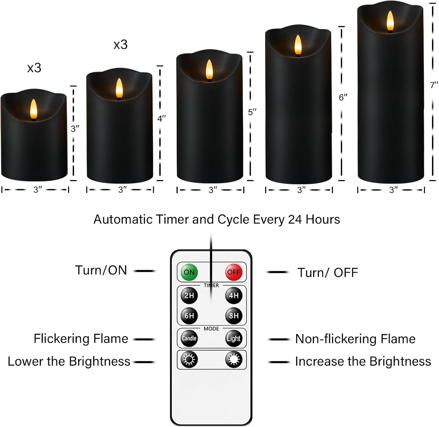 Nimiko Flameless Candles with Remote Control Set of 9 Black