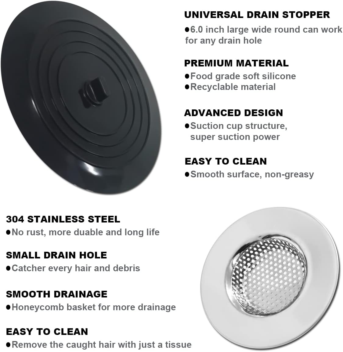Huntonry 2PCS Drain Strainer Stopper Kit for Bathtub Shower and Sink
