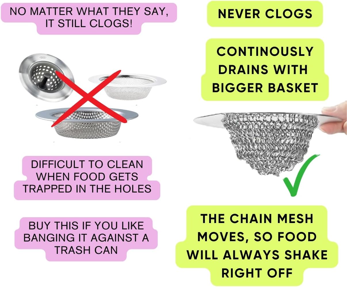 Sir Drainalot Kitchen Sink Drain Strainer - Reversible Chain Non-Clogging Stainless Steel