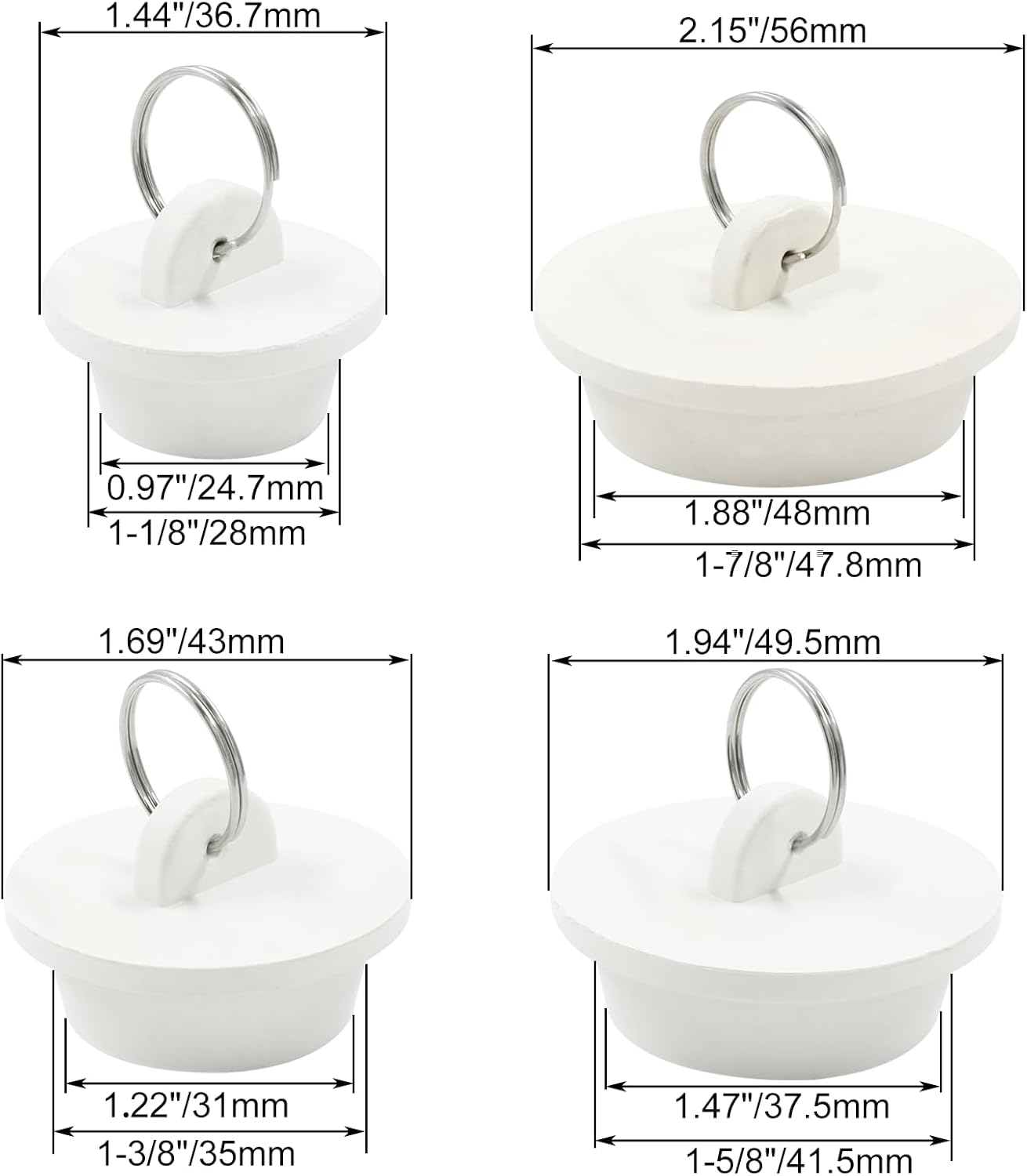 4 Pack White Rubber Sink Stopper with Pull Ring 1