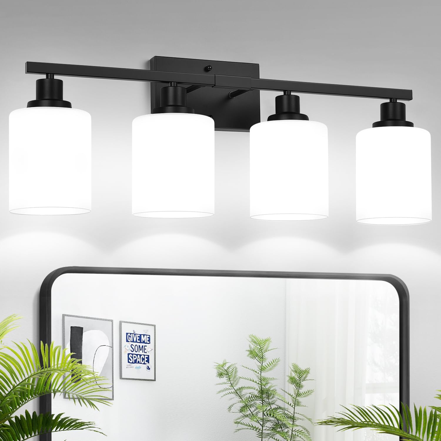 4-Light Bathroom Vanity Light with Matte Black Frame and Milky White Shades