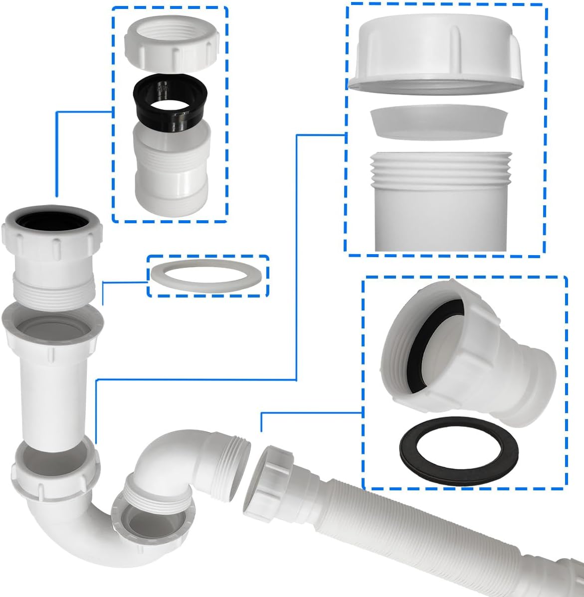 TGEOND White P-Trap with Threaded Adapter and Reversible J-Bend