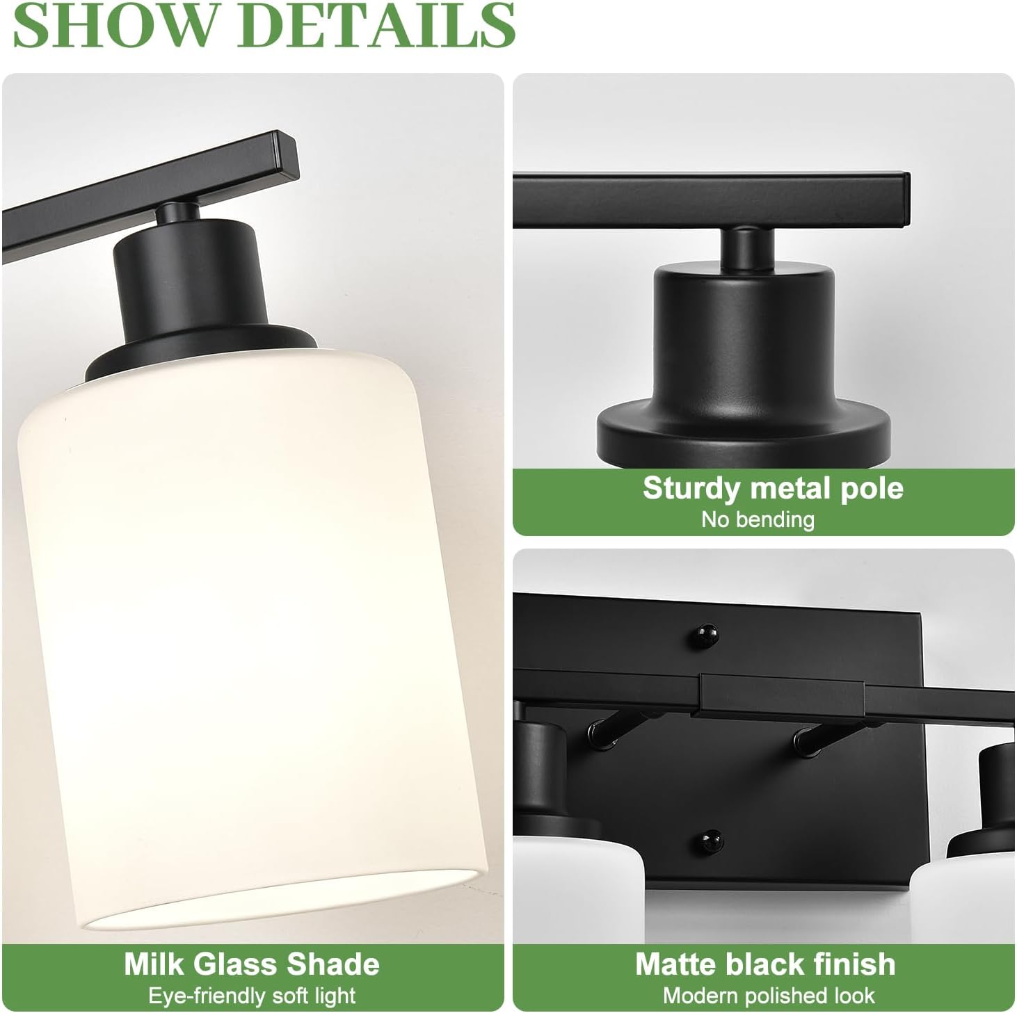 4-Light Bathroom Vanity Light with Matte Black Frame and Milky White Shades