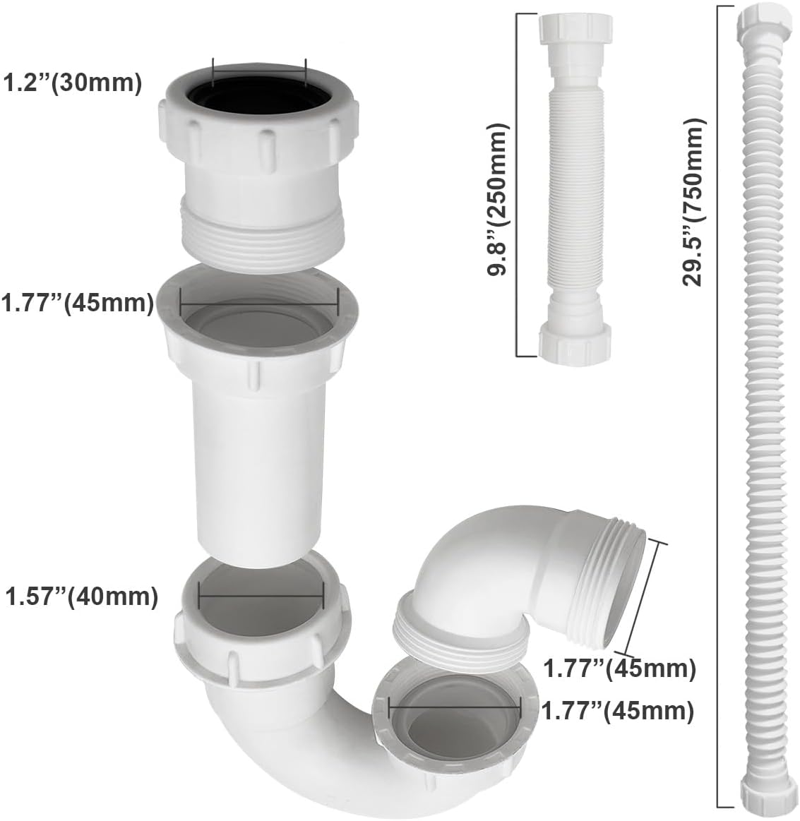 TGEOND White P-Trap with Threaded Adapter and Reversible J-Bend