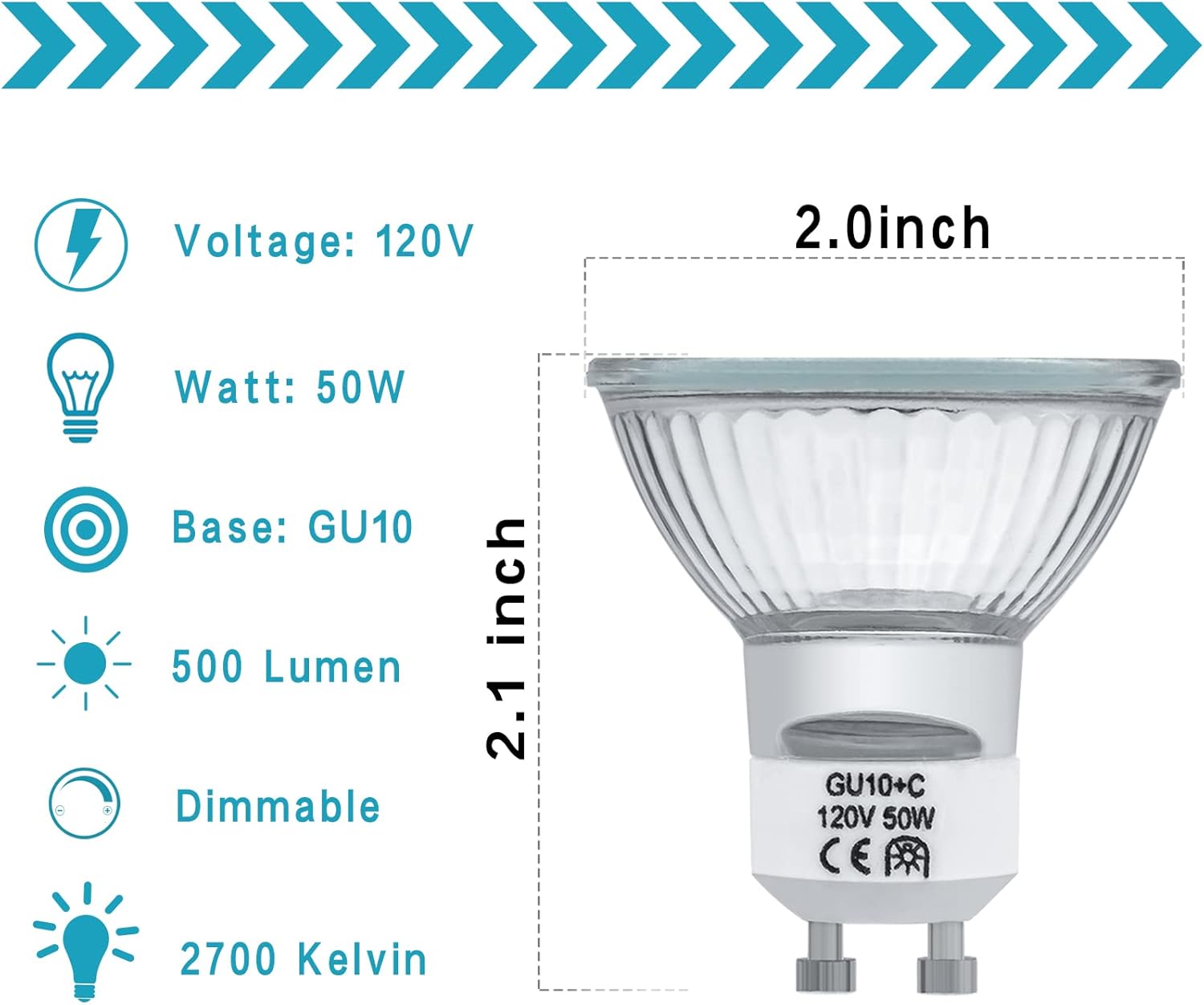 YBEK GU10 Halogen Bulbs 50W 120V Dimmable Pack of 6