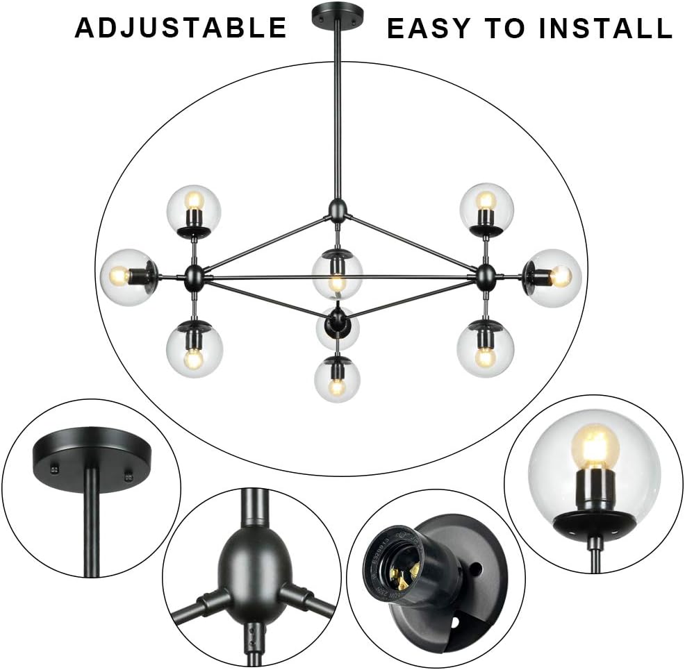Lampundit 10-Light Chandelier Black Finish with Globe Glass Shades