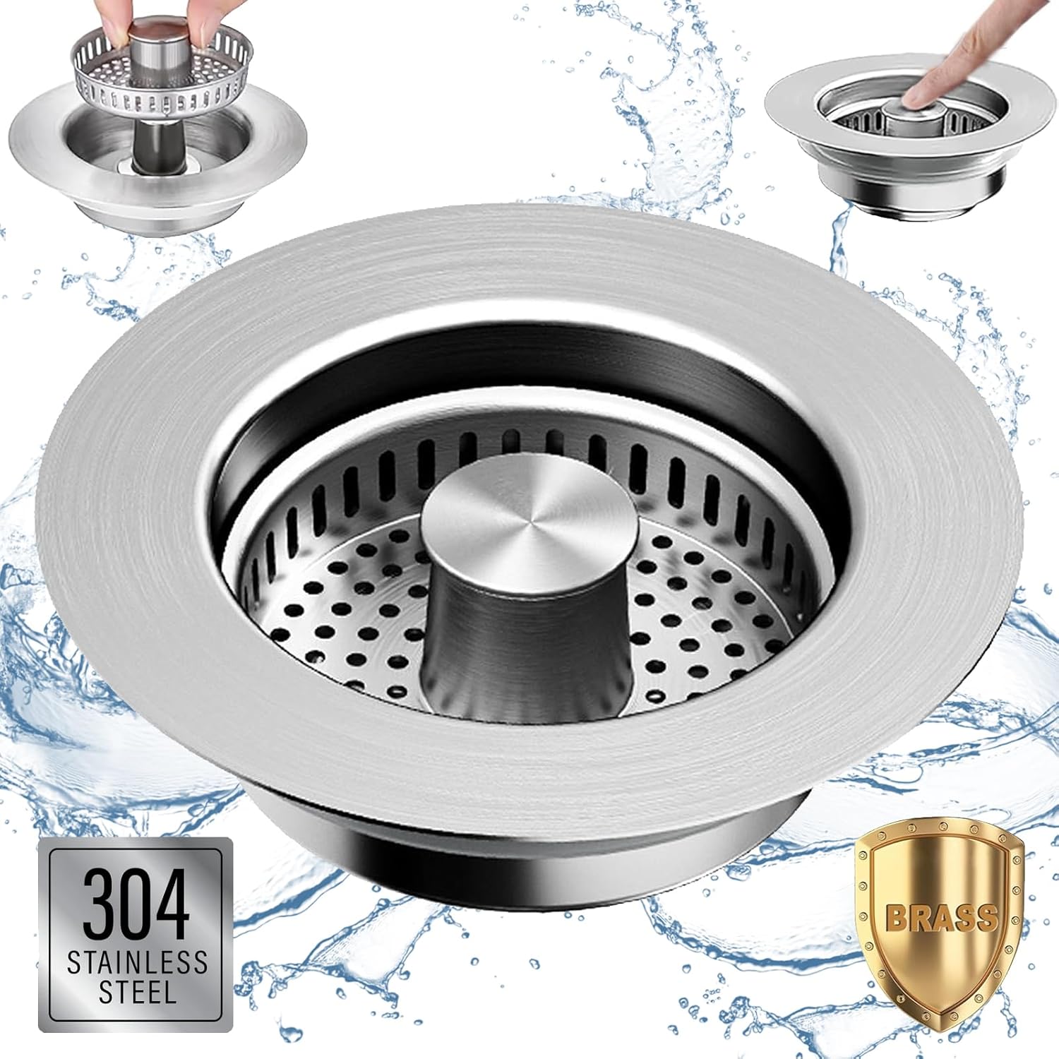 Boncana 3 in 1 Stainless Steel Sink Stopper with Chrome Pop Up Strainer