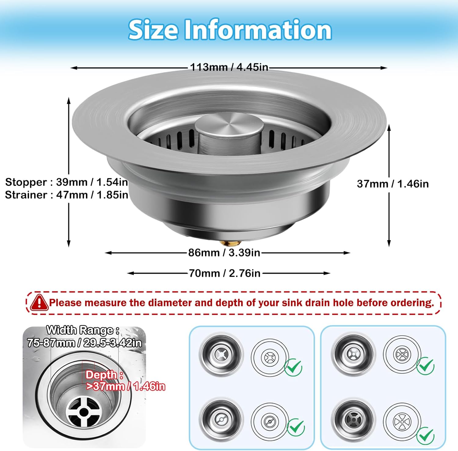 COMLELA 3 in 1 Sink Drain Strainer Combo