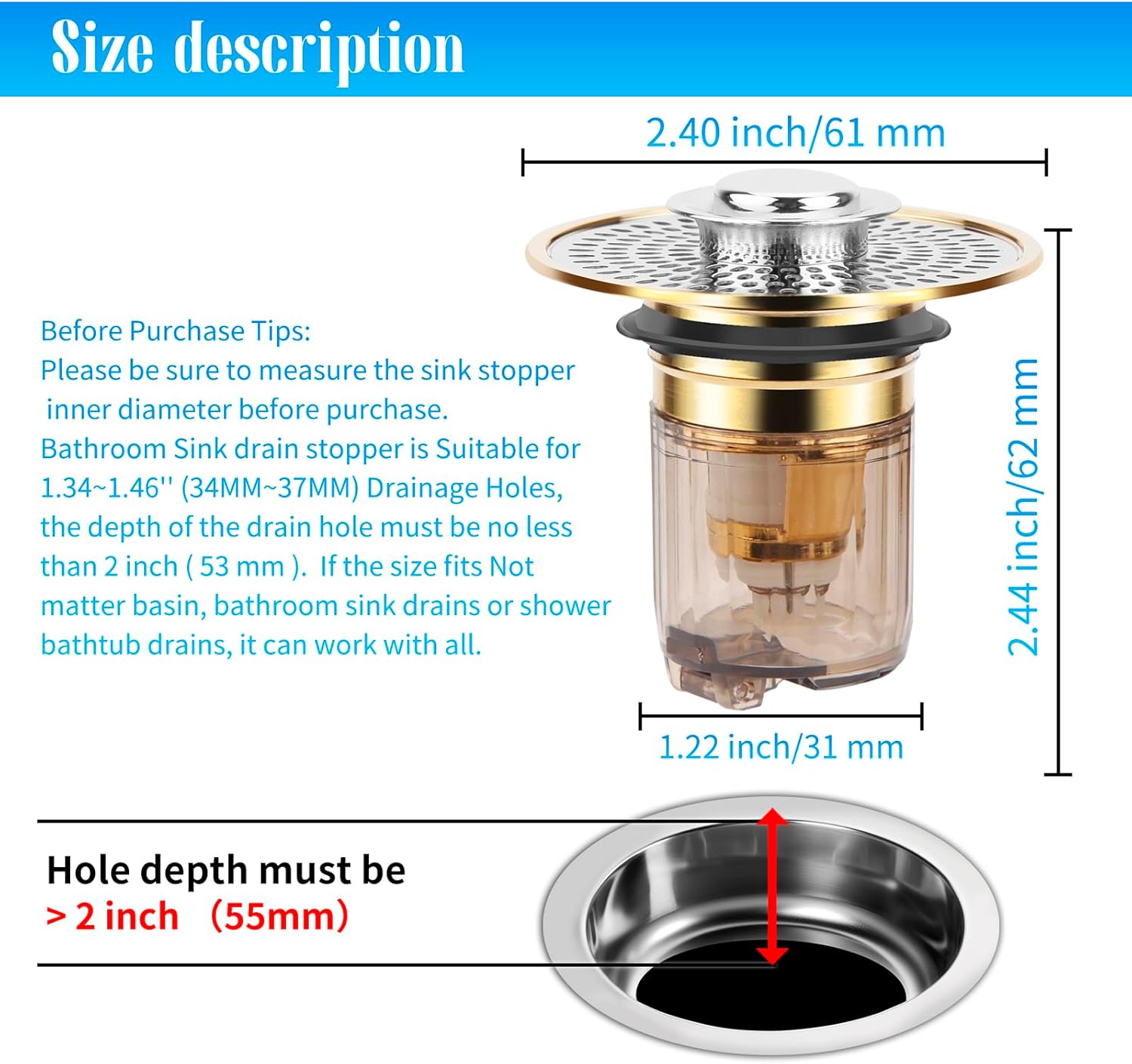 CHICHAUS 2 in 1 Bathroom Sink Stopper with Drain Strainer