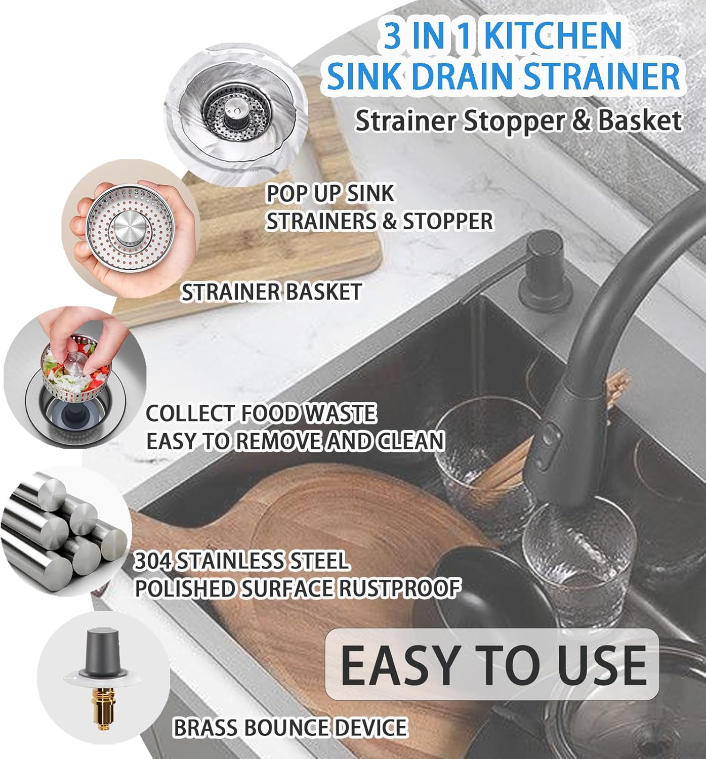Boncana 3 in 1 Stainless Steel Sink Stopper with Chrome Pop Up Strainer