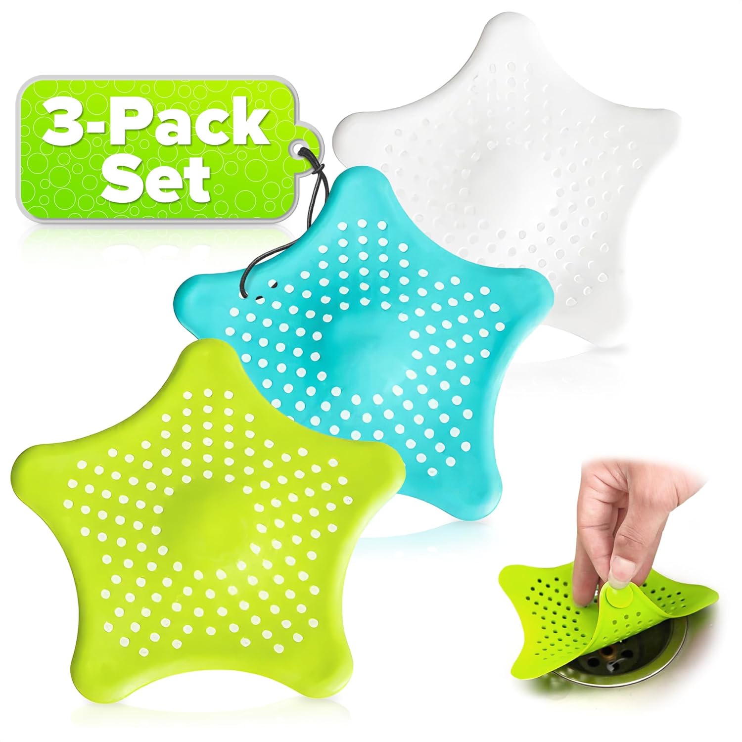 BURIUS 3Pcs Starfish Sink Strainers - Hair Catcher for Kitchen and Bath