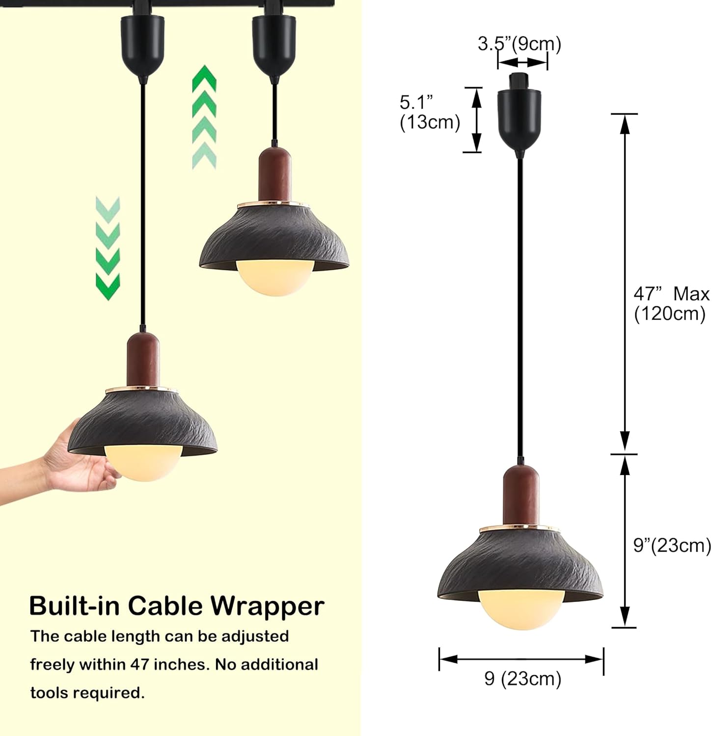 Kiven L Style 2-Wire Track Pendant Light with Black Ceramic Shade