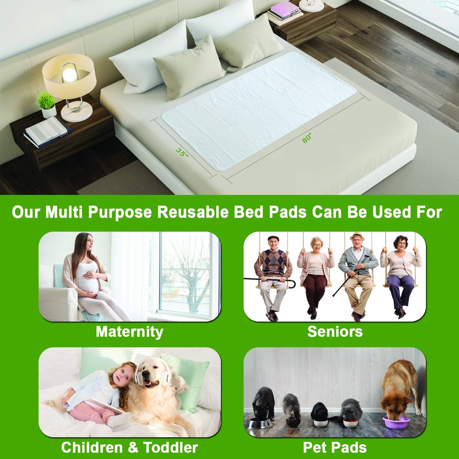 Premium Waterproof Bed Pad - Reusable Washable 35 x 80