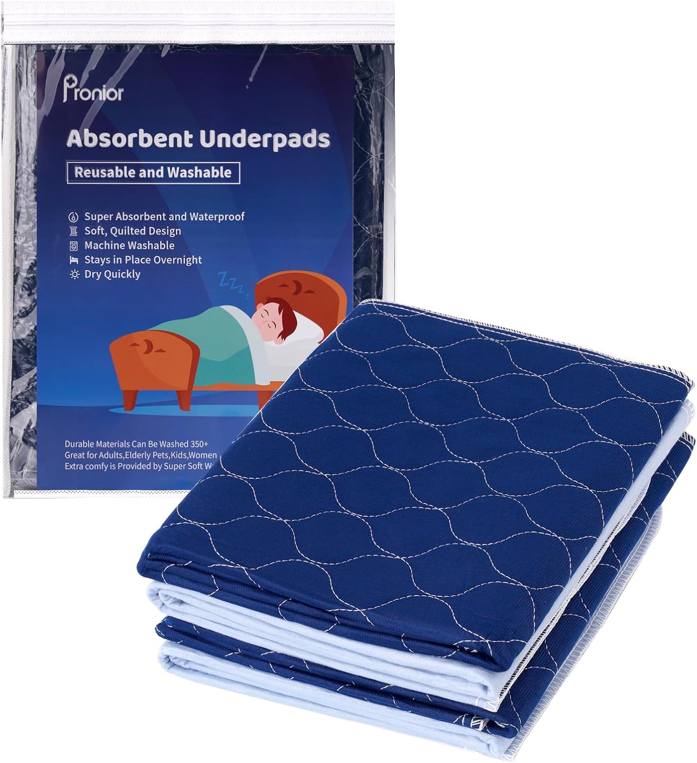 Pronior 4-Layer Waterproof Bed Pads - 24x36 Navy Blue 4 Pack