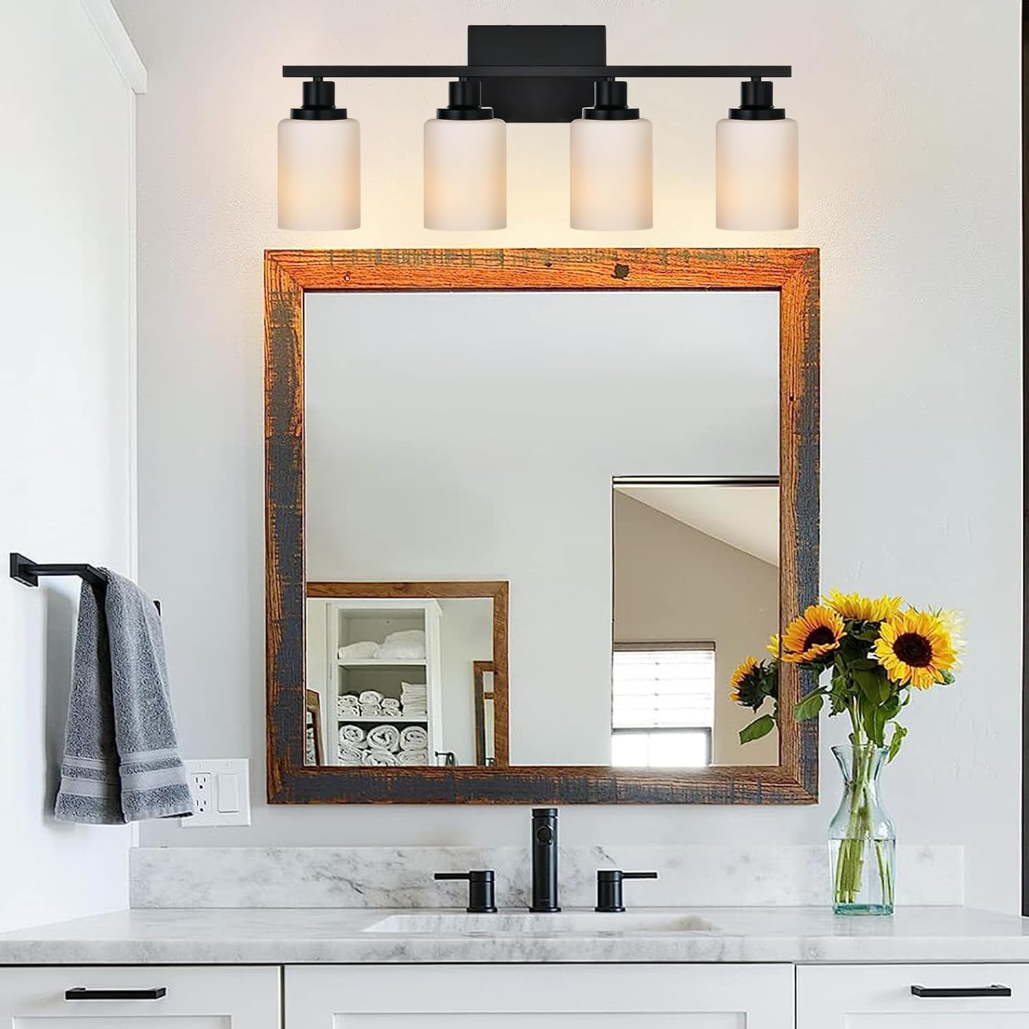 MELUCEE 4-Light Wall Lamp Matte Black with Milky White Glass Shade