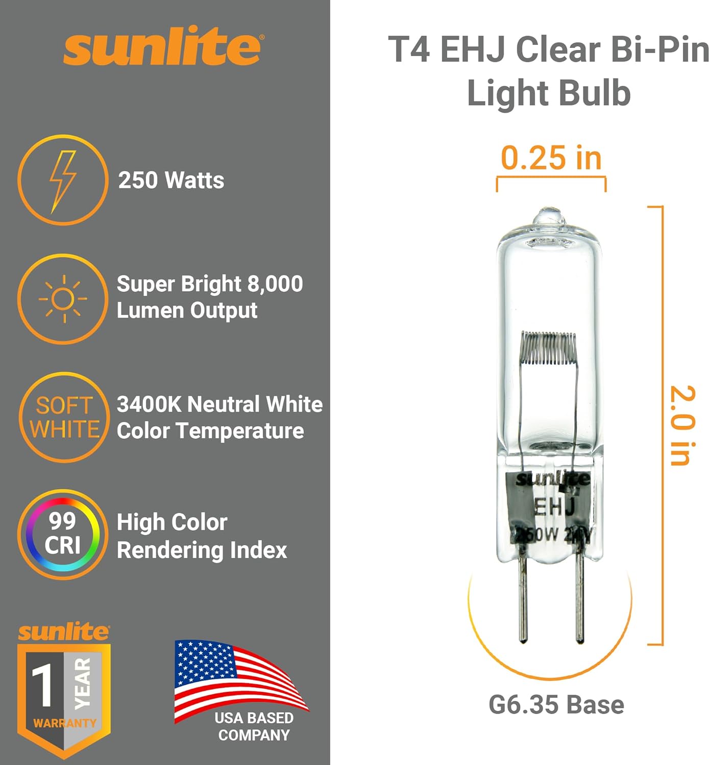 Sunlite T4 EHJ Clear Bi-Pin Light Bulb 250W 24V 8000 Lumens