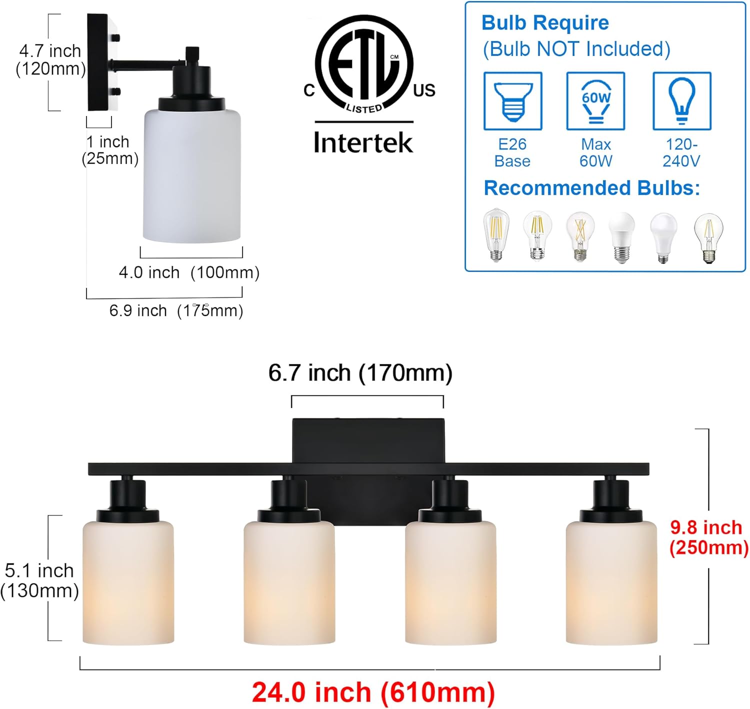 MELUCEE 4-Light Wall Lamp Matte Black with Milky White Glass Shade