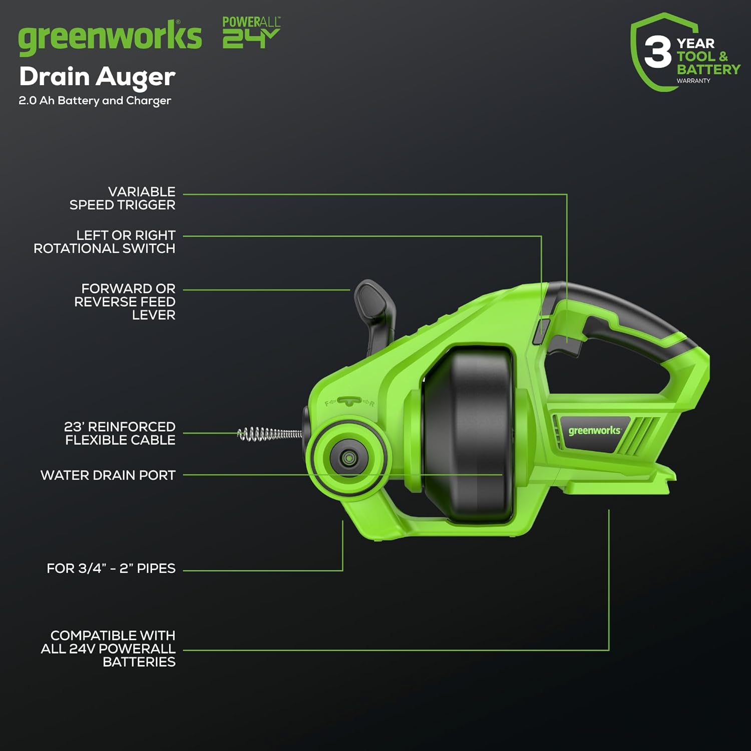 Greenworks 24V Cordless Drain Auger with 20Ah Battery